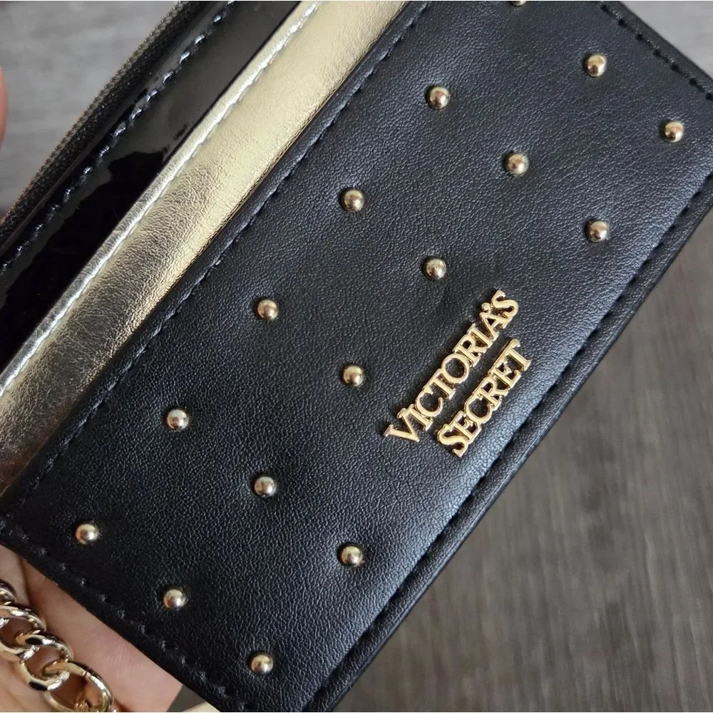 Victoria's Secret Black and Gold Studded Card Holder with a Heart Keychain